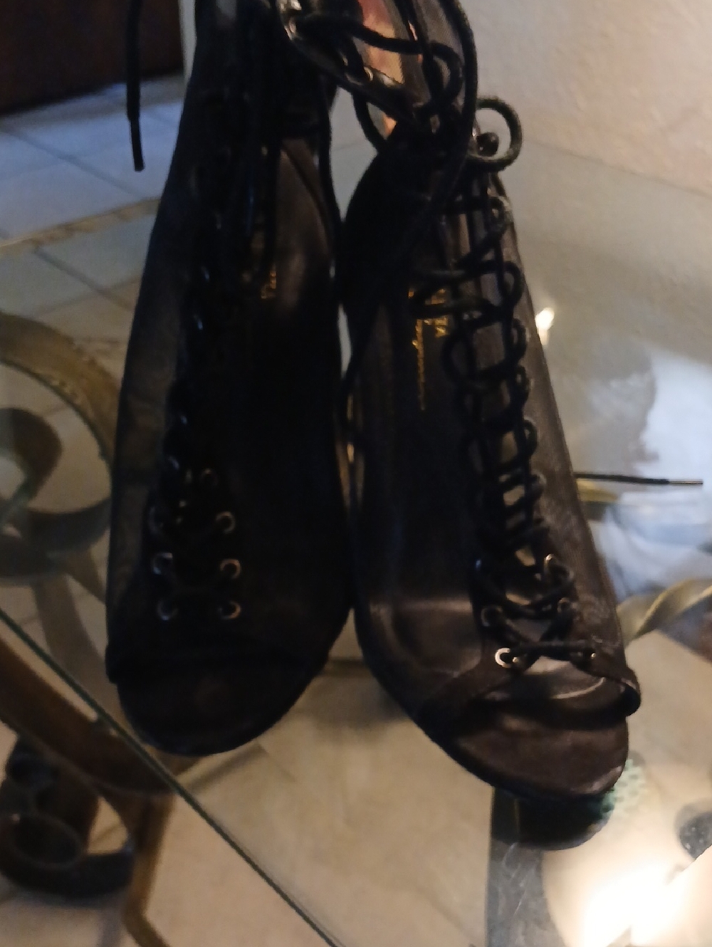 Black SHEER  Lace-Up Peep Toe Heels for Women